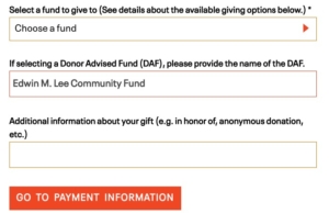 screenshot of the SFF donation page with example of how to fill out the page for donations to the Edwin M. Lee Community Fund